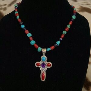 Jay King Sterling Amethyst Red Coral Turquoise Cross Beaded Necklace 10”